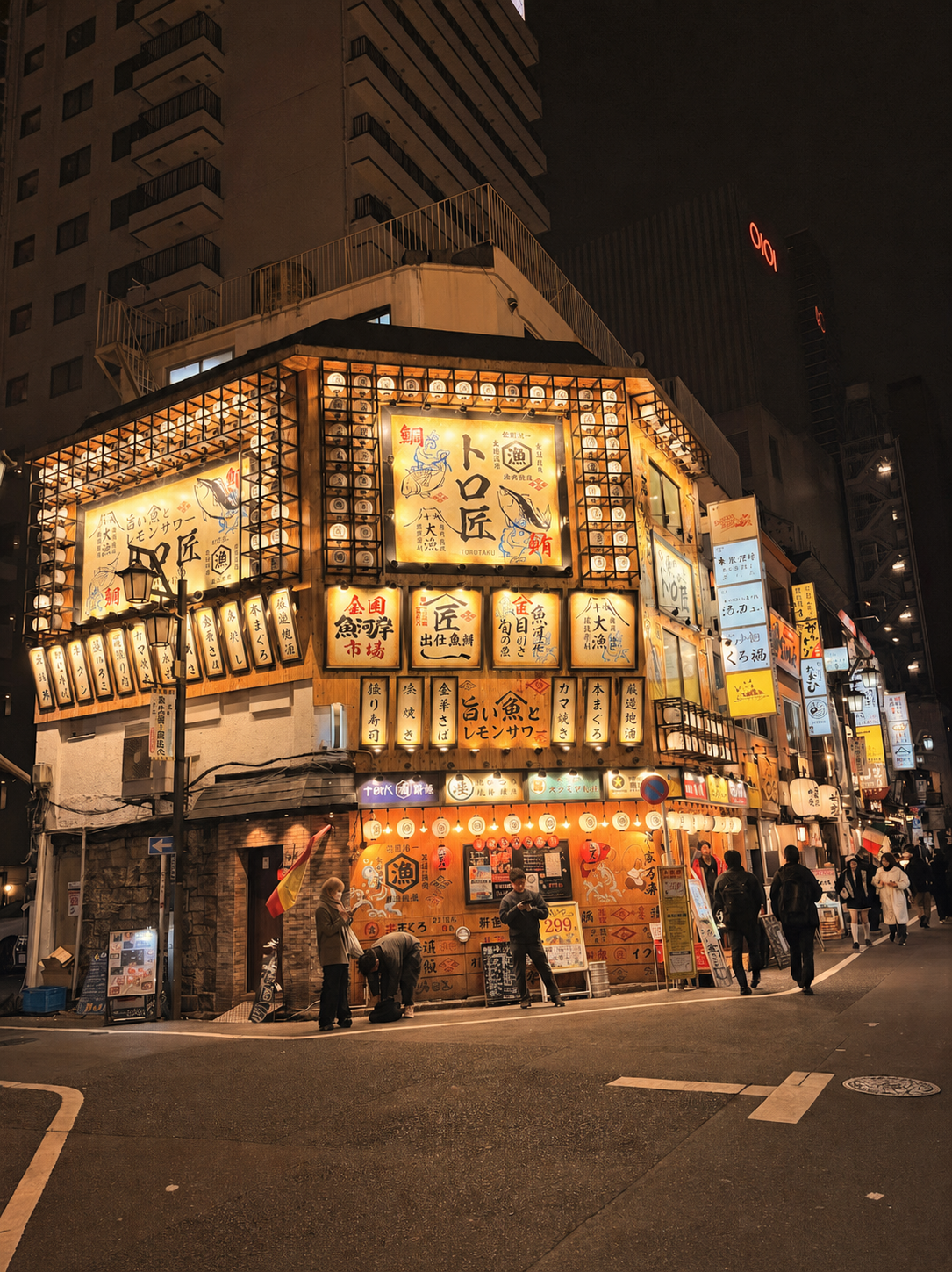 A warm evening street scene filled with light and everyday life