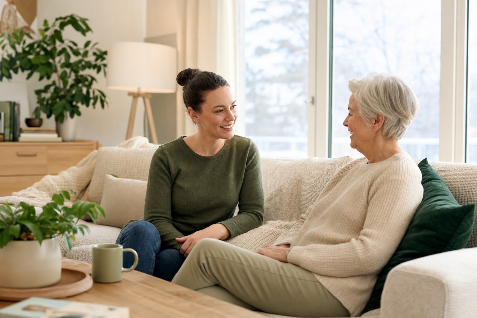 A home-care professional sharing a warm conversation with an older adult at home